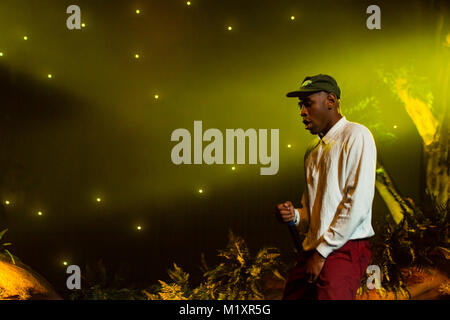 Vancouver, BC / Canada - January 26th 2018: American rapper Tyler, The Creator of Odd Future performing his Flower Boy tour at the Pacific Coliseum in Stock Photo