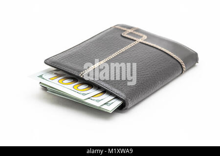 Black leather wallet with cash dollars on a white background. Stock Photo