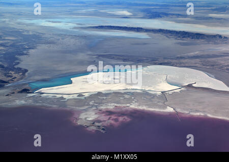 The Great Salt Lake, Utah - a causeway divides the northern from the southern part of the lake. The northern part is more saline and has bacteria Stock Photo