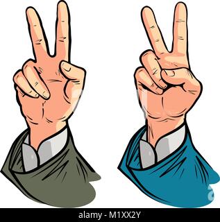 Hand gesture of victory or peace. Vector illustration in pop art retro comic style Stock Vector