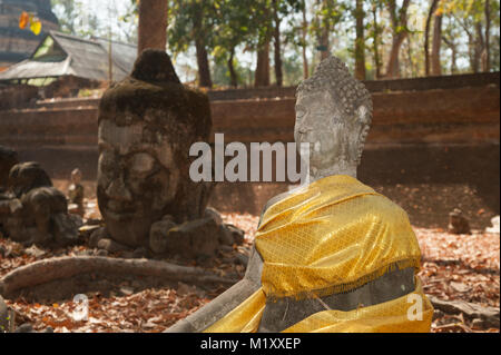 Ancient outdoor Buddhas field of broken sculpture in Wat Umong Suan Puthatham.The temple is a 700 year was built in 1297 in Chiang Mai city, Thailand. Stock Photo