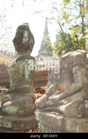 Ancient outdoor Buddhas field of broken sculpture in Wat Umong Suan Puthatham.The temple is a 700 year was built in 1297 in Chiang Mai city, Thailand. Stock Photo