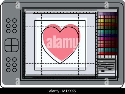 digitizer tablet with colours palette and heart design in watercolor silhouette Stock Vector