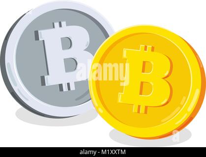 Bitcoin. 2D cartoon bit coin. Digital currency. Cryptocurrency. Golden coins with symbol isolated on white background. Vector illustration Stock Vector