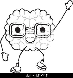 brain cartoon with glasses and cheerful expression in black blurred contour Stock Vector