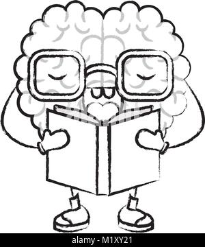 brain cartoon with glasses and book and concentrated expression in black blurred contour Stock Vector