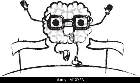 brain cartoon with glasses running and passing the finish line with funny expression in black blurred contour Stock Vector