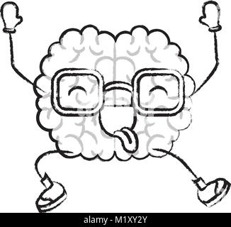 brain cartoon with glasses jumping for joy in colorful silhouette with ...