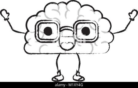 brain cartoon with glasses and cheerful expression in black blurred contour Stock Vector