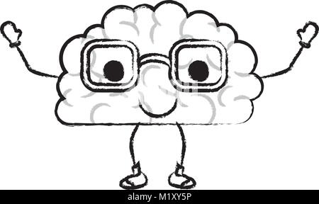 brain cartoon with glasses and calm expression in black blurred contour Stock Vector