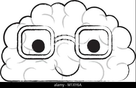 brain character with glasses and calm expression in black blurred contour Stock Vector