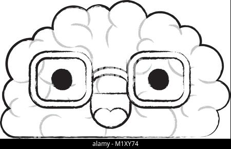 brain character with glasses and cheerful expression in black blurred contour Stock Vector