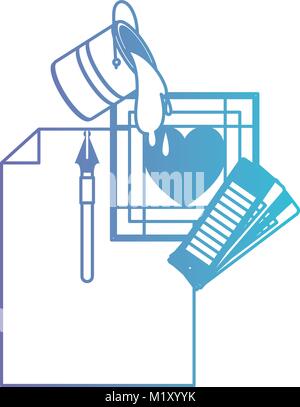 sheet in blank and fountain pen and color palette guide and paint bucket and heart design in degraded purple to blue contour Stock Vector