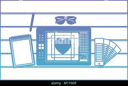notebook and design tools and tablet digitizer over table on top view in degraded purple to blue contour Stock Vector