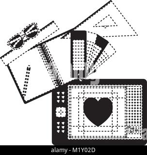 notebook and design tools and tablet digitizer in black dotted contour Stock Vector