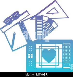 notebook and design tools and tablet digitizer in degraded purple to blue contour Stock Vector