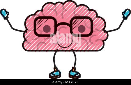 brain cartoon with glasses and calm expression in colored crayon silhouette Stock Vector