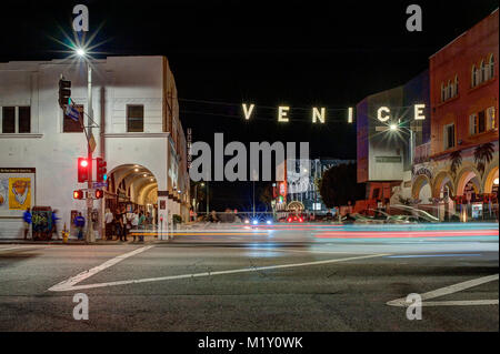 The iconic Venice Beach Lighted Sign photographed at night in Venice Beach, CA. Stock Photo