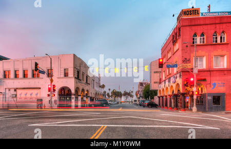 The iconic Venice Beach Lighted Sign photographed at sunrise in Venice Beach, CA. Stock Photo