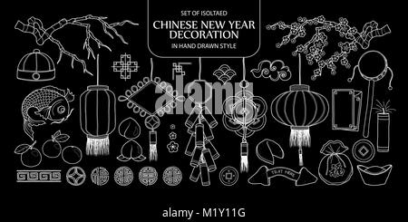 Set of isolated Chinese New year decoration. Cute hand drawn vector illustration only white outline on black background. Stock Vector