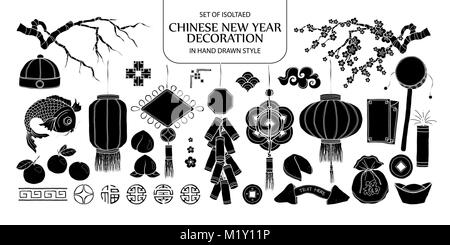 Set of isolated silhouette Chinese New Year decoration. Cute hand drawn vector illustration in black plane and white outline on white background. Stock Vector