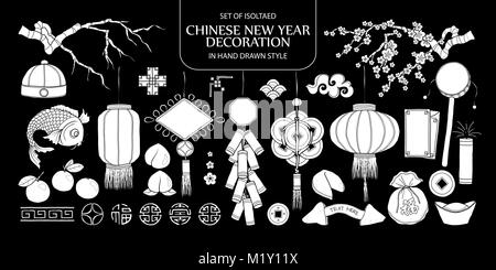 Set of isolated white silhouette Chinese New year decoration. Cute hand drawn vector illustration in white plane no outline on black background. Stock Vector