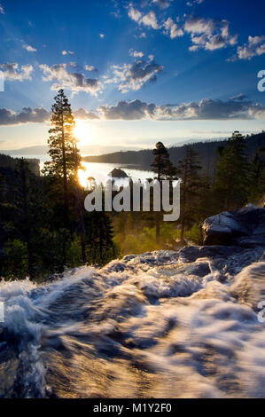 A beautiful sunrise at Eagle Falls at Emerald Bay in Lake Tahoe, California. Eagle Falls and Emerald Bay are the most popular tourist attractions in L Stock Photo