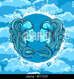 Two Woman Faces in Air Circle. Zodiac symbol of Gemini on Air background. Vector illustration. Stock Vector