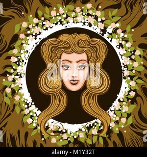 Woman Head in Frame of leaves and roots. Zodiac symbol of Virgo on earth background. Vector illustration. Stock Vector