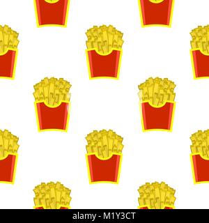 French Fries in Red Paper Box Seamless Pattern on White Background. Hot Fried Potatoes in Bucket Fast Snack Stock Vector