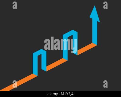 Isometric arrow up, reaching the target through the barriers. Vector illustration Stock Vector