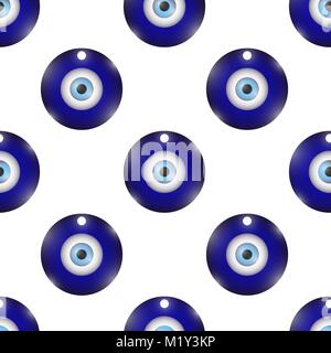 Vector Glass Evil Eye Symbol Seamless Pattern on White Background. Turkish Traditional Amulet. Blue Magic Souvenir Stock Vector