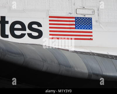 Los Angeles, CA - Oct. 13, 2012: Closeup detail of NASA's Endeavour space shuttle wing and body during the retirement parade for the spacecraft. Stock Photo