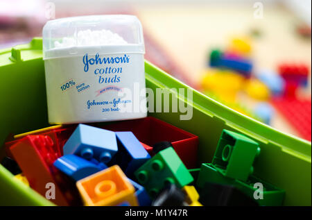 Johnson's Cotton Buds in a Lego box Stock Photo