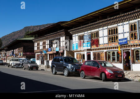 Paro, Bhutan.  Stores on Paro's Main Street. Stock Photo