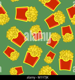 French Fries in Red Paper Box Seamless Pattern. Hot Fried Potatoes in Bucket Fast Snack. Street Fast Food Stock Vector