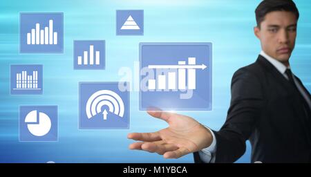 Businessman touching business chart statistic icons Stock Photo