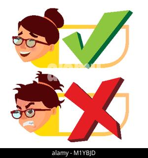 Yes And Now Sign Vector. Woman Face With Emotions. Approval And Disapproval. Right And Wrong Check Box. Isolated Flat Cartoon Illustration Stock Vector