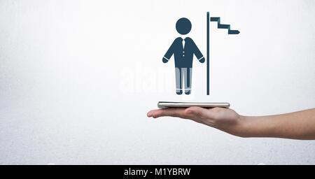 Hand holding tablet with businessman icon and flag pole Stock Photo