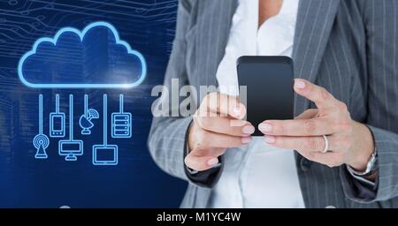 Hand holding phone with cloud icon and hanging connection devices Stock Photo