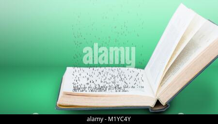Opened book with falling letters on green background Stock Photo