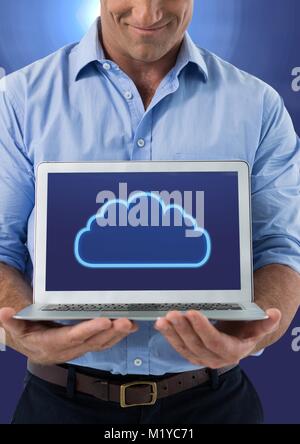 Hands holding laptop with cloud icon Stock Photo