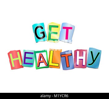 3d Illustration depicting a set of cut out printed letters arranged to form the words get healthy. Stock Photo
