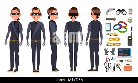 Thief, Hacker Set Vector. Stealing Credit Card Information, Personal Data, Money. Fishing Attack. Crack PIN Code. Isolated Flat Cartoon Character Illustration Stock Vector