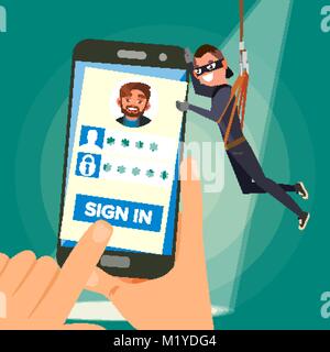 Thief Stealing Personal Data Vector. Hacker Character. Crack User Personal Information. Fishing Attack To Smartphone. Modern Internet Social Network. Cartoon Character Illustration