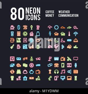 Miscellaneous neon icons of beverages weather business and communications, vector pack Stock Vector