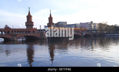 BERLIN, GERMANY - JAN 17th, 2015: historical Oberbaum bridge Oberbaumbruecke and the river Spree Stock Photo