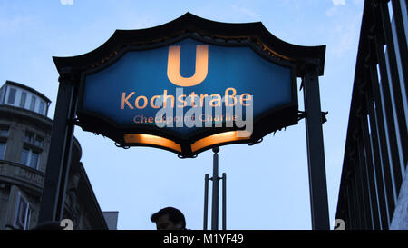 BERLIN, GERMANY - JAN 17th, 2015: Kochstrasse U-Bahn station sign at famous Checkpoint Charlie, subway station Stock Photo