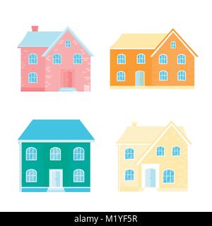 Collection of 4  icons with cozy home, house, cottage. Modern building with pastel color.  Flat design urban landscape. Stock Vector