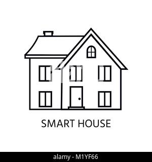 Modern line icon with cozy home, house, cottage. Smart building.  Flat design urban landscape. Stock Vector